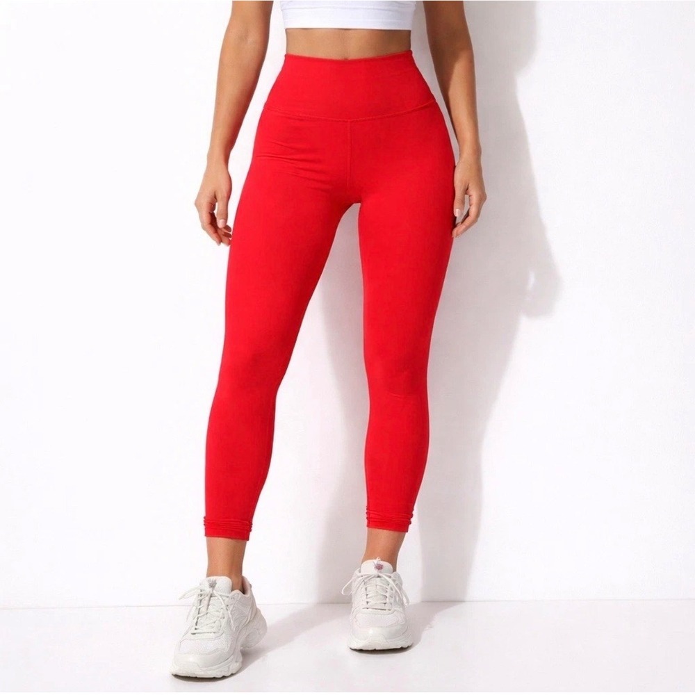 Wilo The Label Red Ribbed High Waisted Leggings Small Ruched Ankle Activewear